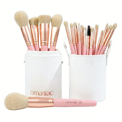 Vista 9 de OMANIAC Juego de brochas de maquillaje profesional, 12 brochas de maquillaje con mango de madera nacarada, pelo de fibra sintética sin crueldad
