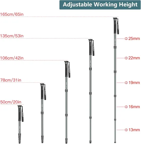 Vista 5 de Manbily Monopod de cámara de 65 pulgadas, monopie de viaje de aluminio de 5 secciones para cámaras réflex digitales Canon, Nikon, Sony, videocámara