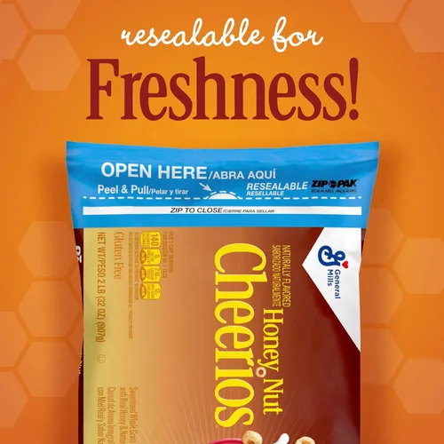 Vista 4 de Cereales para el desayuno Honey Nut Cheerios, cereales saludables para el corazón, sin gluten con avena integral, bolsa de valor, 32 onzas