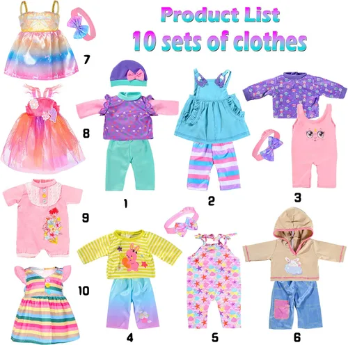 Vista 2 de iBayda - 10 juegos de ropa y accesorios para muñecas que incluyen monos y atuendos para muñecas recién nacidas de 14 a 17 pulgadas (35 a 43 cm)