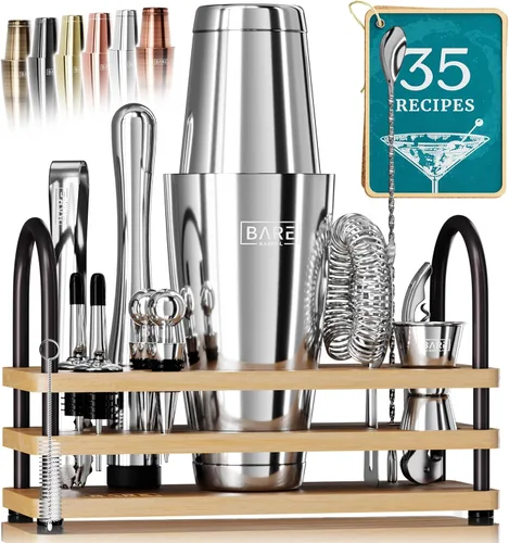 Vista 13 de BARE BARREL Mixology Bartender Kit Bar Set Juego de coctelera de 14 piezas Herramientas de mezcla de Martini Barware para el hogar 35 tarjetas