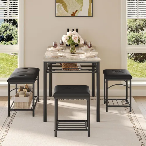 Vista 10 de GarveeHome Juego de mesa de comedor para 4 personas con bancos tapizados y 2 taburetes, moderna mesa de desayuno de cocina que ahorra espacio, ideal