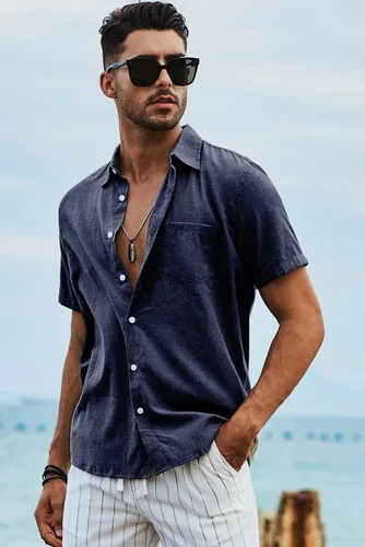 Vista 70 de JMIERR Camisas de vestir a rayas con botones y manga corta para hombre