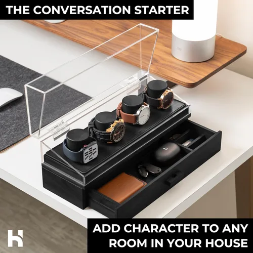 Vista 8 de Holme & Hadfield Estuche de madera de alta calidad con 4 ranuras, caja de reloj hecha a mano para hombre con cajón de accesorios, cubierta