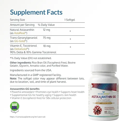 Vista 2 de WELLNESS EXTRACT Suplemento de astaxantina de 12 mg – Astaxantina AstaREAL™ con geranilgeraniol GG-Gold® y Tocotrienoles DeltaGold®, poderosos