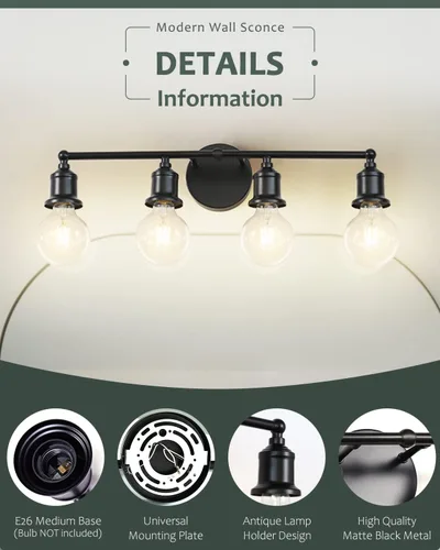 Vista 4 de Lámpara de tocador de 4 luces, aplique industrial de pared negra, lámpara de pared de baño de granja, lámpara de pared con base E26 vintage