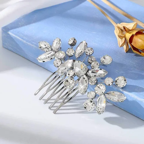 Vista 4 de Unicra Peine de pelo de novia de cristal, accesorio para el cabello con diamantes de imitación para mujeres y niñas (A-Plata)