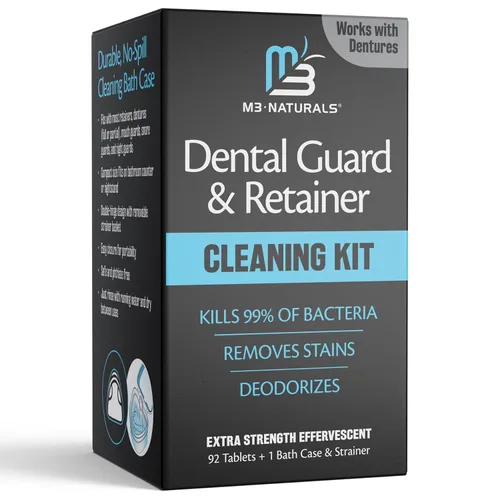 Vista 2 de Limpiador de retenedores y recipiente de remojo, tabletas de limpieza sin ensuciar con estuche universal de baño para dentaduras postizas y colador