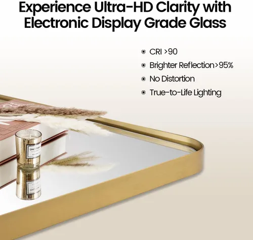 Vista 4 de Espejo giratorio Moon Mirror de oro cepillado, espejo inclinable de latón para tocador rectangular para baño, medidas totales 24.33 x 28 pulgadas