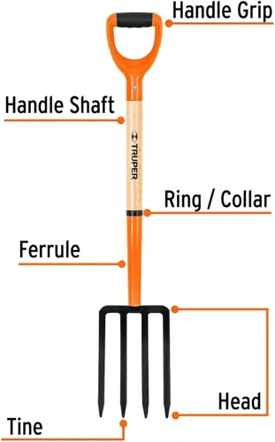 Vista 2 de Truper Tenedor de jardín, 4 púas, mango de madera de fresno de 29 pulgadas con mango en Y cómodo, cabeza de acero forjado de una pieza
