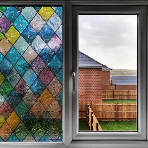 Vista 8 de WALPLUS Película decorativa de privacidad para ventana, diseño de arco iris, película extraíble para ventana, bloqueador solar estático, control