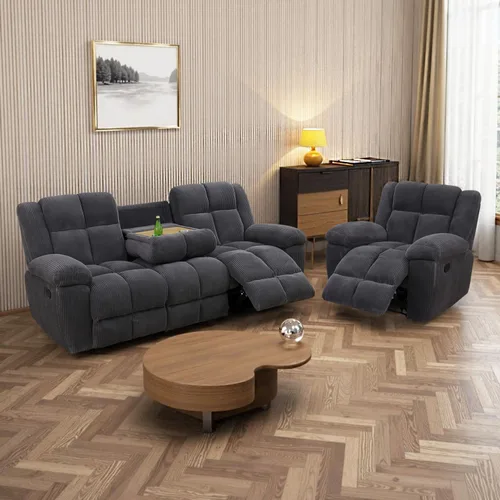 Vista 12 de Juego de sofá reclinable para muebles de sala de estar, juego de sofá y silla reclinable de pana verde, tela manual, sofá reclinable de 3 plazas