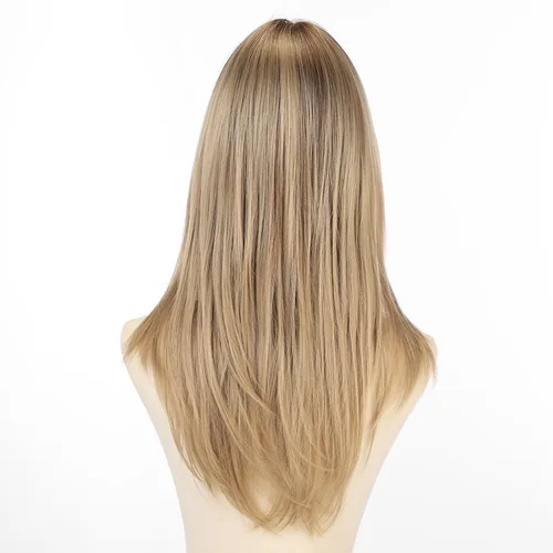 Vista 3 de Allbell Peluca rubia oscura para mujer, pelucas largas y rectas en capas con flequillo de cortina, peluca de cabello sintético de aspecto natural