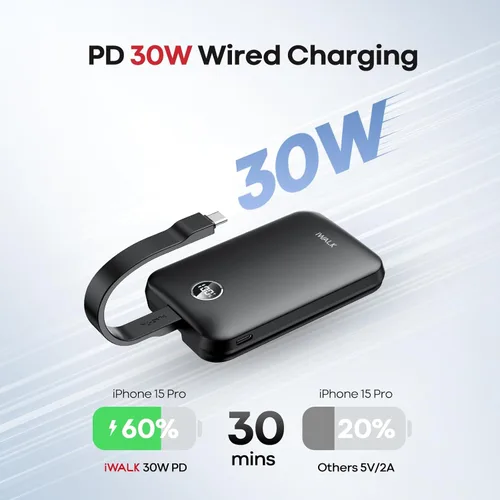 Vista 2 de iWALK Banco de energía magnético de 10000 mAh, cargador portátil inalámbrico de 30 W con cable USB-C de carga rápida, batería certificada Qi2 de 15