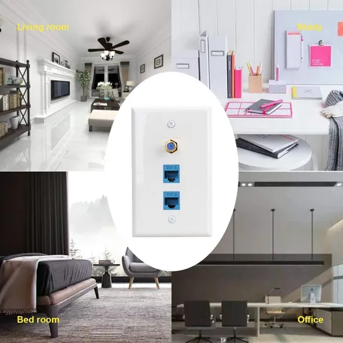 Vista 5 de Cat6 Keystone hembra a hembra 2 puertos y F tipo coaxial 1 puerto placa de pared del conector