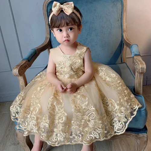 Vista 6 de Vestidos bordados de encaje con lentejuelas grandes de 0-6T para niñas pequeñas con gorro