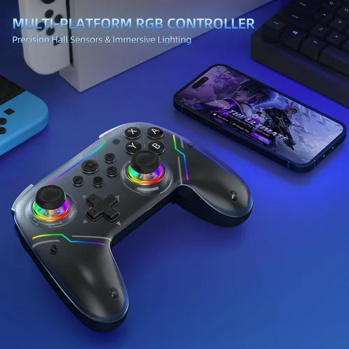 Vista 7 de JDDWIN Wireless Controller for Switch 2/Switch/PC/Steam Deck, Hall Effect Joysticks & Triggers/Wake-up Function, Gamepad with RGB Light