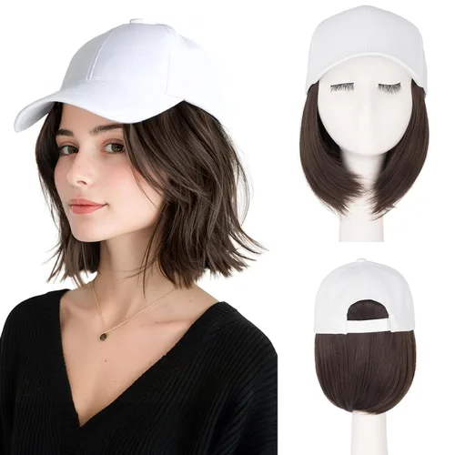 Vista 11 de SEGO Gorra de béisbol con extensiones de cabello para mujer, resistente al calor, pelo sintético unido corto y recto, peluca de gorra de béisbol