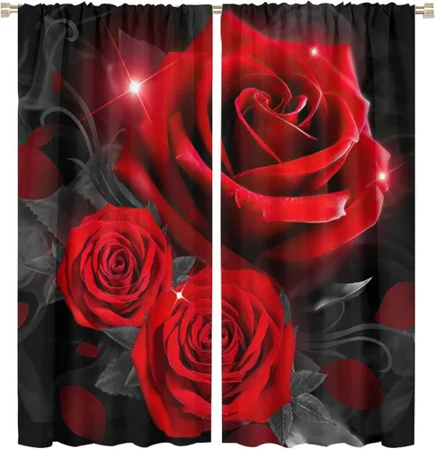 Vista 34 de Cortinas opacas con diseño floral de rosas para cocina, retro, rústicas, románticas, con bolsillo para barra, cortinas opacas para dormitorio, sala