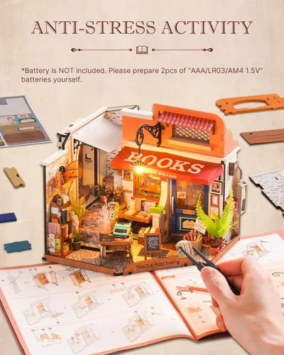 Vista 3 de Rolife Kit de casa en miniatura para bricolaje, librería a escala 1:20, kit de construcción de mini casa con luces LED, kits de manualidades