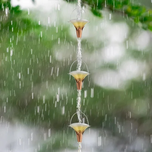 Vista 6 de Cadena de lluvia de 8.5 pies, cadenas de metal para canalón de lluvia con 10 copas en forma de gloria matutina, cadena de metal ajustable