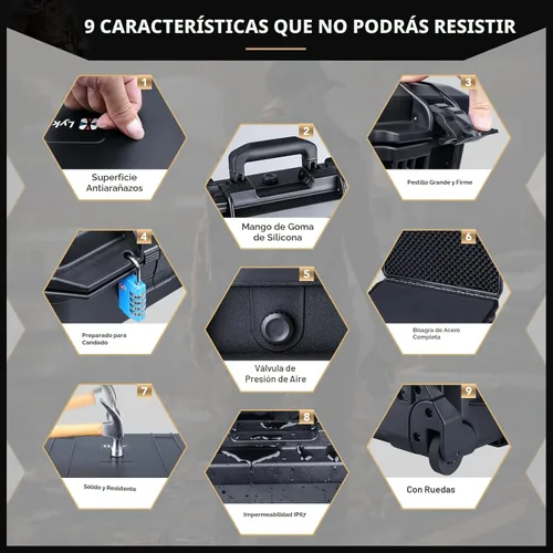 Vista 5 de Lykus HC-5120 Funda rígida impermeable con ruedas y espuma personalizable, Tamaño interior 20.3x11.3x7.3 pulgadas, Adecuada para cámara, lente