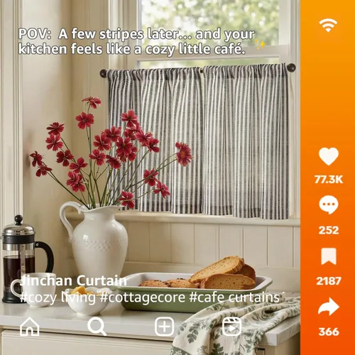 Vista 3 de jinchan - Cortinas de lino a rayas para cocina de 20 pulgadas de largo, cortinas de varios niveles, estilo granja moderna de café, tratamientos