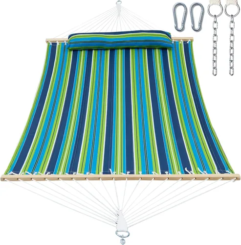 Vista 16 de Gafete Hamacas para 2 personas de 12 pies para exteriores, hamaca de tela doble acolchada para exteriores con barra separadora, almohada extraíble