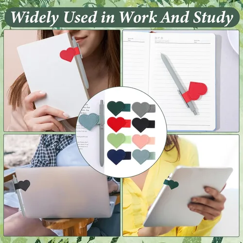 Vista 5 de 8 soportes de cuero con forma de corazón para bolígrafo, soportes autoadhesivos para lápices, para cuaderno, lazo elástico para calendarios