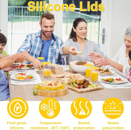 Vista 2 de Juego de 5 tapas de silicona, tapas de silicona reutilizables para almacenamiento de alimentos, 5 tamaños para adaptarse a la mayoría