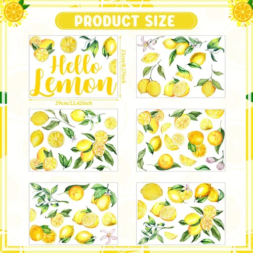Vista 2 de Haull 6 hojas de calcomanías de pared de limón de verano, calcomanías de pared de limón para despegar y pegar, calcomanías bohemias de hojas