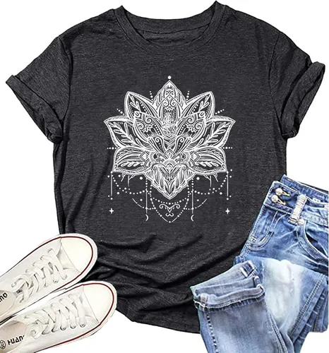 Vista 4 de Camisa de mandala para mujer, diseño de flores de loto, camisetas de manga corta con diseño de mandala