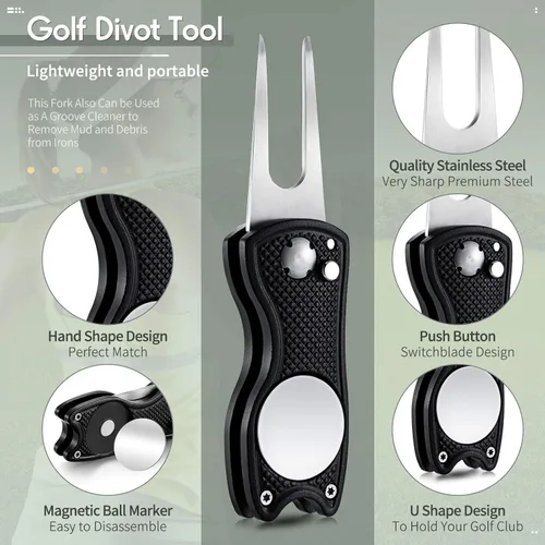Vista 3 de Skylety 4 piezas herramienta de reparación de divot de golf plegable de metal con botón emergente magnético, marcador de bolas de acero inoxidable