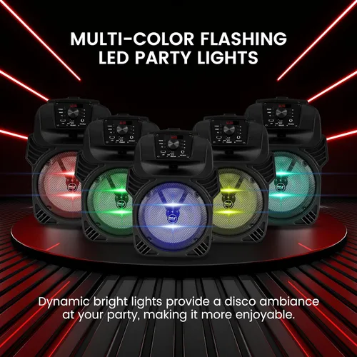 Vista 4 de Pyle Altavoz Bluetooth portátil de 8 pulgadas Altavoz PA de karaoke recargable de 500 W con luces LED de fiesta, entradas de micrófono, radio FM
