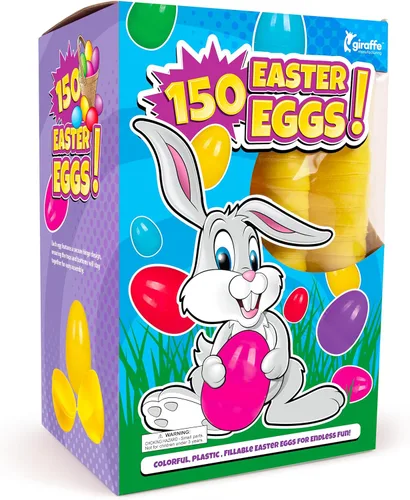 Vista 9 de Giraffe - Paquete de 150 huevos de Pascua rellenables a granel – Huevos de plástico vacíos multicolor para niños – Relleno de cesta de Pascua