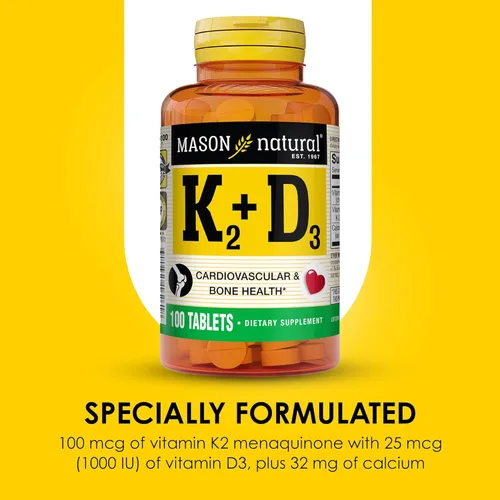 Vista 4 de MASON NATURAL Vitamina K2 100 mcg Plus Vitamina D3 - Apoya la salud ósea, cardiovascular y muscular, 100 tabletas