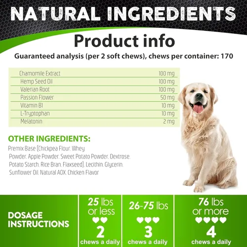 Vista 6 de Masticables calmantes de cáñamo para perros con ansiedad y estrés, 170 golosinas calmantes para perros, tormentas, ladridos, separación, raíz