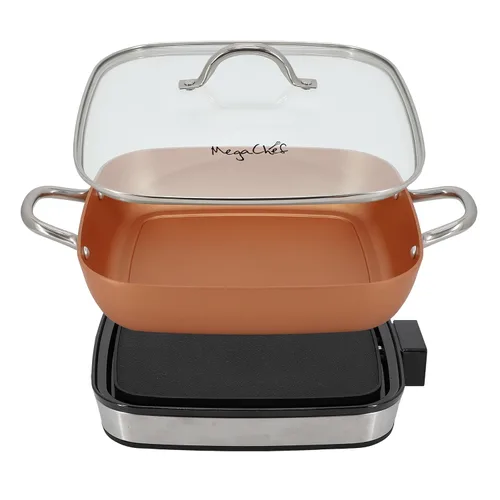 Vista 3 de MegaChef Sartén eléctrica con revestimiento antiadherente de cobre, tapa de vidrio templado y control de temperatura ajustable, versátil
