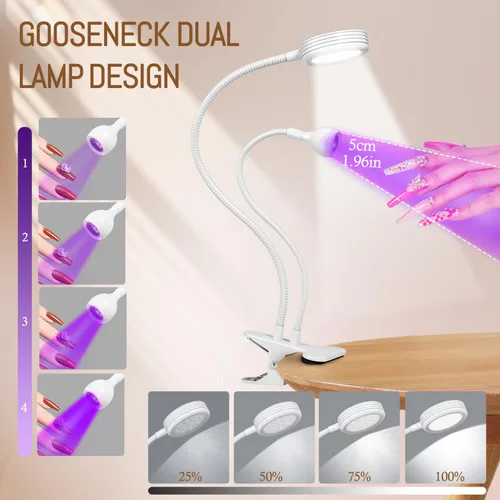 Vista 35 de AORAEM Lámpara LED UV para uñas: lámpara U V de cuello de cisne de doble cabeza para uñas de gel, luz LED de curación flash con 6 lupas para el Negro