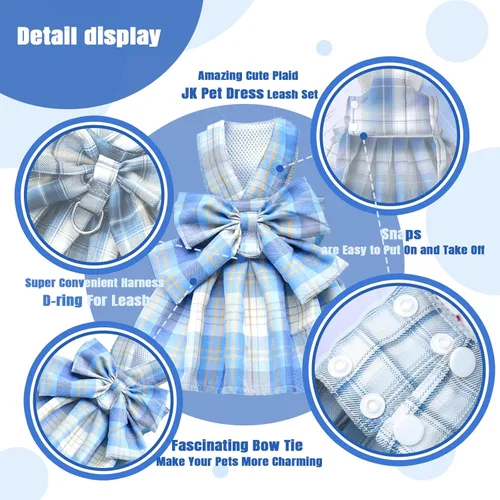 Vista 7 de PETCARE Vestido de perro a cuadros con corbata de moño, arnés y correa para perros pequeños, gatos, niñas, lindos vestidos de princesa para perros