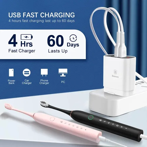 Vista 6 de Paquete de 2 cepillos de dientes eléctricos recargables para adultos y niños cepillo de dientes de blanqueamiento sónico con 8 cabezales de cepillo