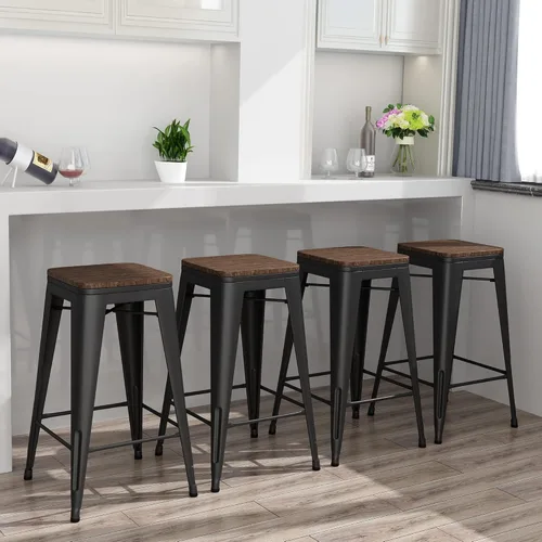 Vista 9 de Yongqiang Taburetes de bar de metal de 26 pulgadas, juego de 4 taburetes apilables industriales para isla de cocina, taburetes de bar sin respaldo