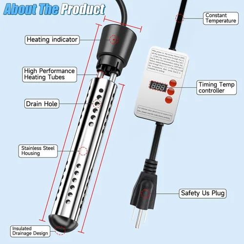 Vista 3 de Immersion Water Heater 2000W with Smart Timer for Pool Bathtub Bucket, Portable Electric Heater Stainless Steel Guard for Home Outdoor Travel Camping