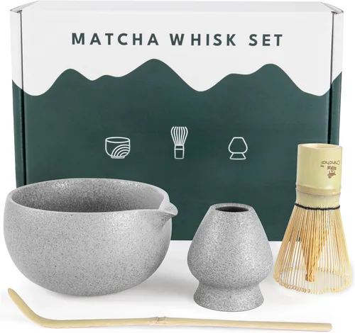 Vista 2 de Juego de batidor de matcha gris con textura de piedra con boquilla de vertido, kit de matcha japonés con cuenco de cerámica hecho a mano, batidor