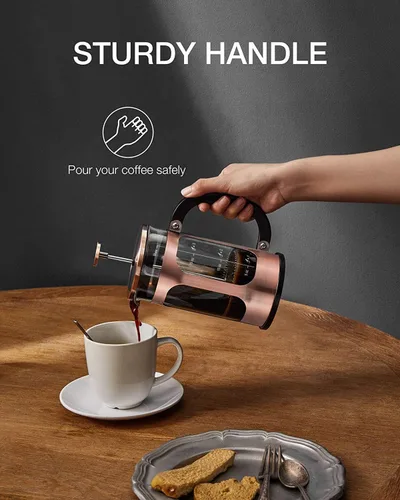 Vista 6 de BAYKA Cafetera de prensa francesa pequeña, resistente al calor, vidrio de borosilicato espesado, de acero inoxidable, cafetera de una sola porción
