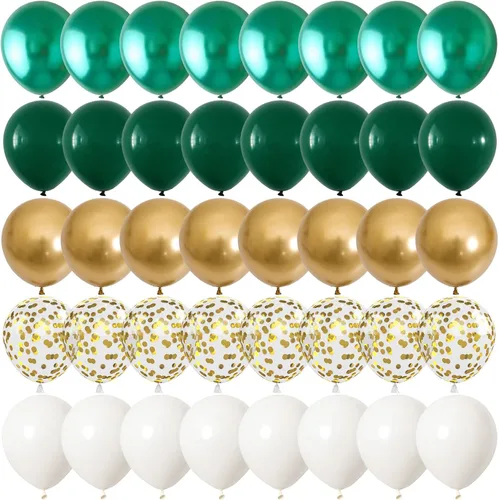 Globos de látex verde metálico dorado, paquete de 60 globos de látex de 12 pulgadas de color verde oscuro, blanco y dorado con cintas para bodas,