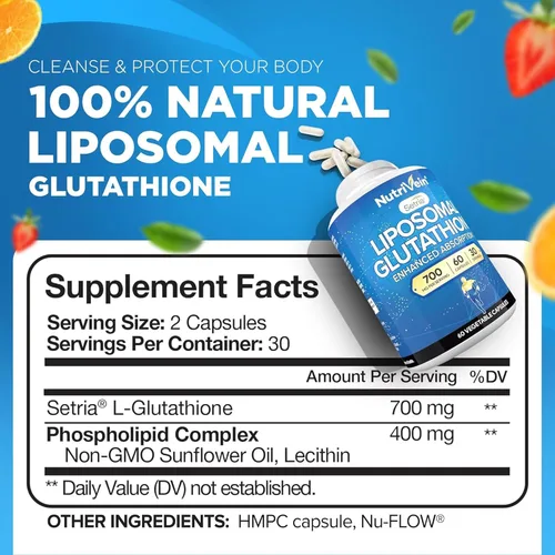 Vista 2 de Nutrivein Suplemento de glutatión liposomal premium 700 mg - 60 cápsulas - Glutatión Setria puro reducido - antioxidante maestro - Protección