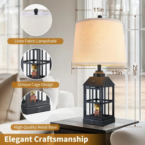 Vista 5 de Lámparas de mesa estilo granja de 25" para sala de estar, juego de 2 lámparas negras con puerto USB y luz nocturna, lámpara de mesa rústica