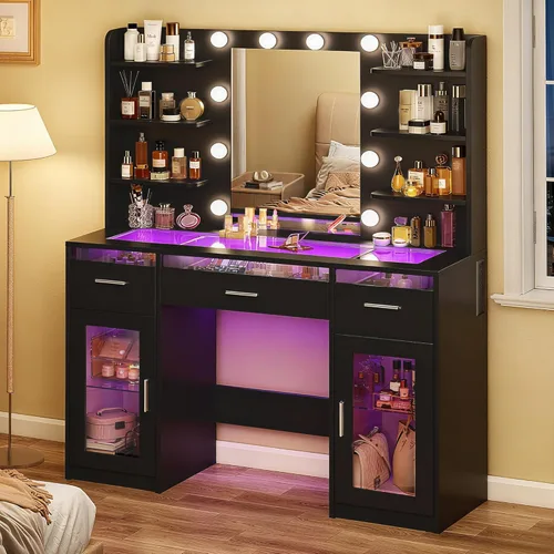 Vista 9 de Mesa de tocador pequeña con espejo y luces, tocador de maquillaje blanco con silla, juego de mesa de tocador RGB con 2 cajones y tomas de corriente