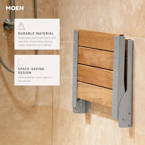 Vista 4 de Moen Home Care - Silla de Ducha de Seguridad para Baño para Ancianos y Discapacitados, Banco de Ducha Plegable de Teca y Aluminio Bronce